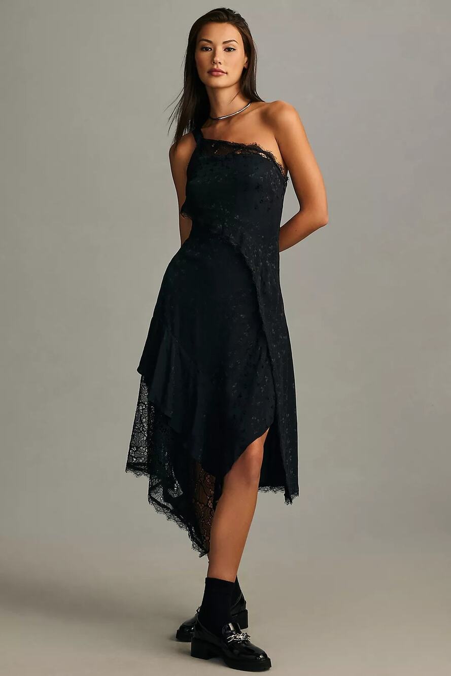 NWT Anthropologie Asymmetrical Lace Maxi Dress $198 SIZE 14P Black ONE SHOULDER